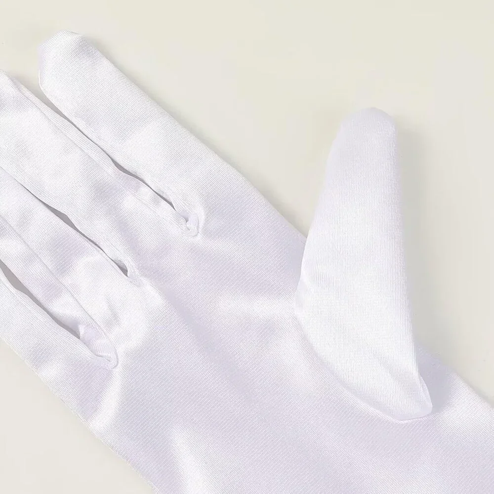 Women's White Satin Pearl Short Length Wrist Gloves Wedding Banquet Party Prom